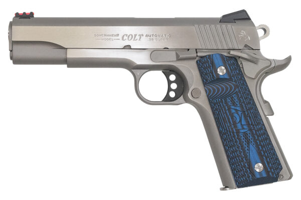 Colt 1911 Competition Stainless 38 Super Semi-Auto Pistol with Black/Blue G10 Grips