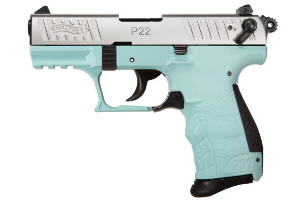 Walther P22Q 22 LR Semi Auto Pistol with Angel Blue Frame and Satin Stainless Slide