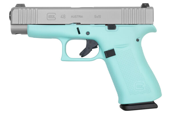 Glock 48 9mm 10-Round Pistol with Robins Egg Blue Frame and Silver PVD Slide