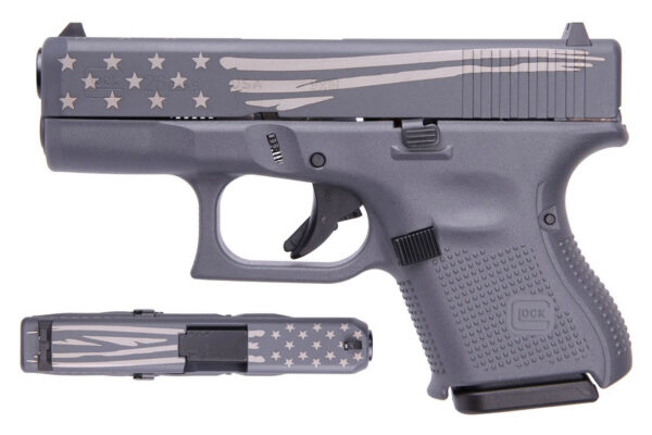 Glock 26 Gen5 9mm Carry Conceal Pistol with Gray Finish and Laser Engraved Distressed Flag