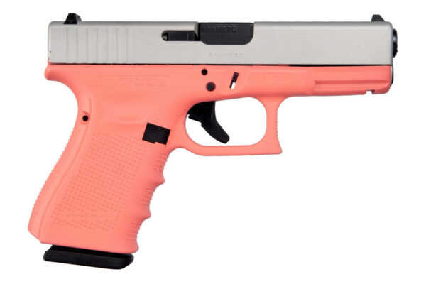 Glock 19 Gen4 9mm Pistol with Cerakote Coral Frame and Shimmering Aluminum Slide