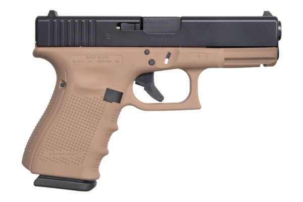 Glock 19 Gen4 9mm Pistol with Faded Dark Earth Frame and Black Slide