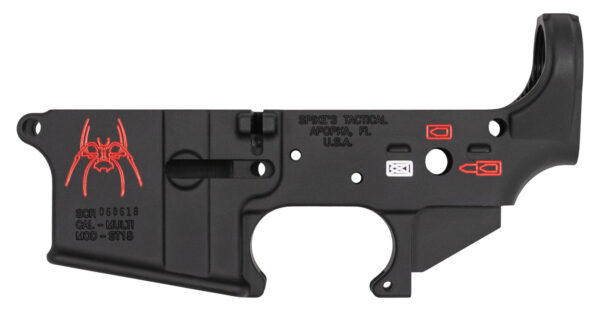 Spikes Tactical Spider Stripped AR Lower Receiver with Red Color Filling (Multi Cal)