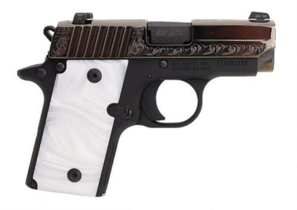 Sig P238 380 ACP 2.7In White Pearl Nitron Engraved Slide SAO Siglite White Pearl Grip (1) 6RD Steel MAG